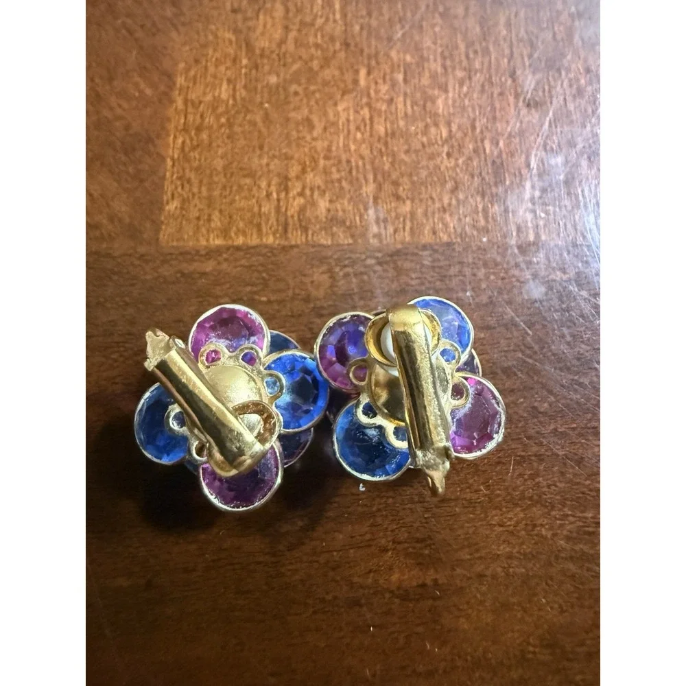 Vtg Multicolor Flower Clip On Earrings Gold Tone Faceted Glass Mod Statement‎